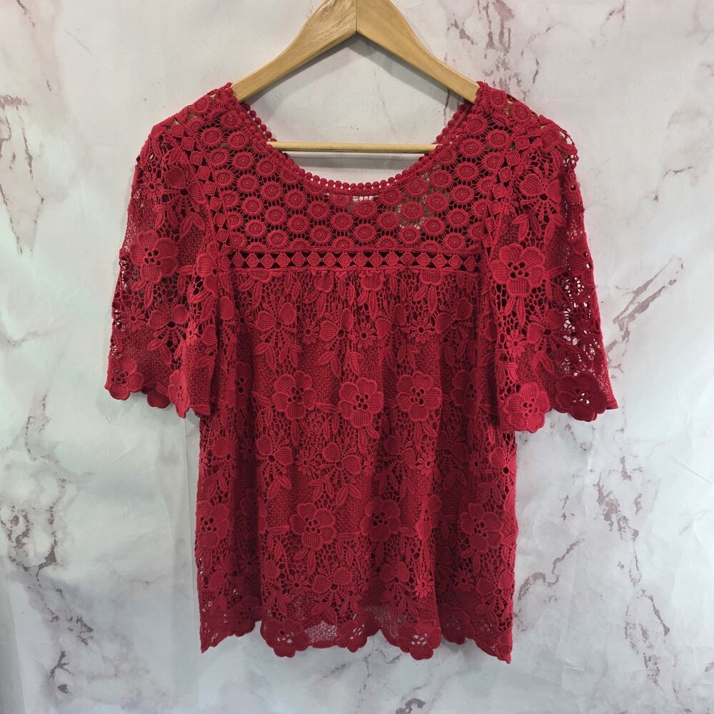 Anthropologie Shirt Womens Medium 10 Red Cotton Lace Candace Crochet Vanessa